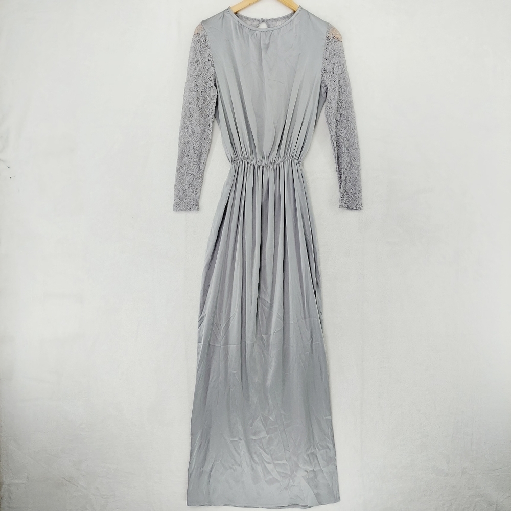 Assali Washed Silk Grey Lace Long SleeveElastic Waist Round Neck Dress P2874